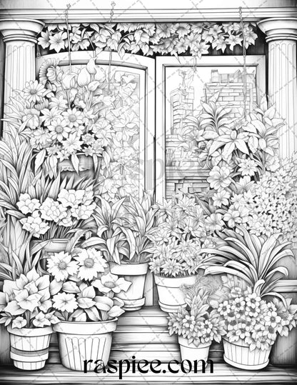 45 Flower Store Front Grayscale Coloring Pages Printable for Adults, PDF File Instant Download