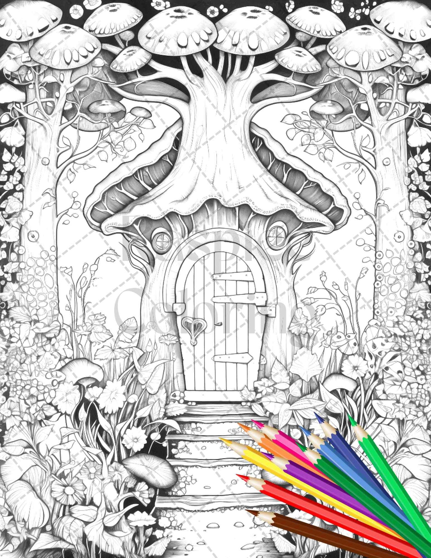 40 Magical Forest Gates Grayscale Coloring Pages Printable for Adults, PDF File Instant Download