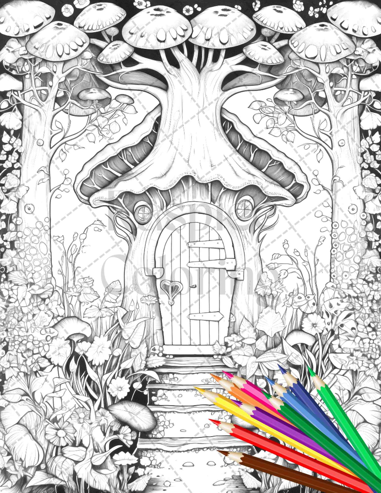 40 Magical Forest Gates Grayscale Coloring Pages Printable for Adults, PDF File Instant Download