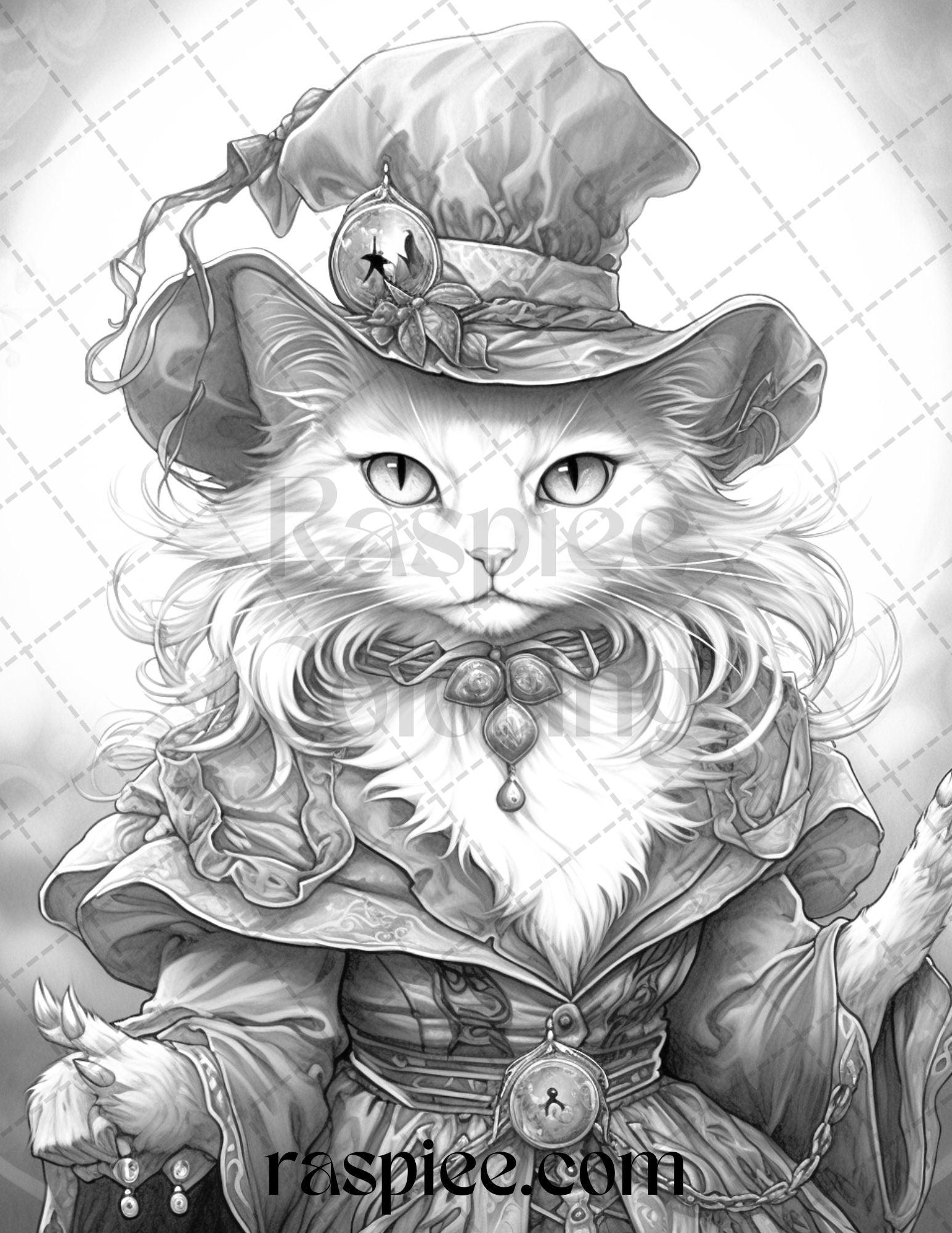 40 Halloween Witch Cat Grayscale Coloring Pages Printable for Adults, PDF File Instant Download