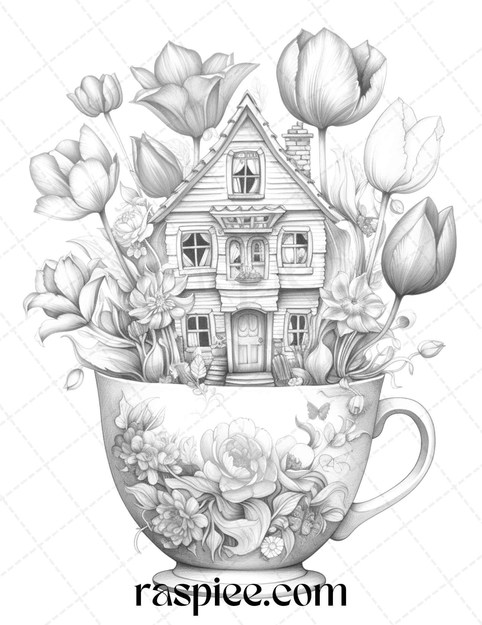 40 Flower Teacup Fairy Houses Grayscale Coloring Pages Printable for Adults, PDF File Instant Download