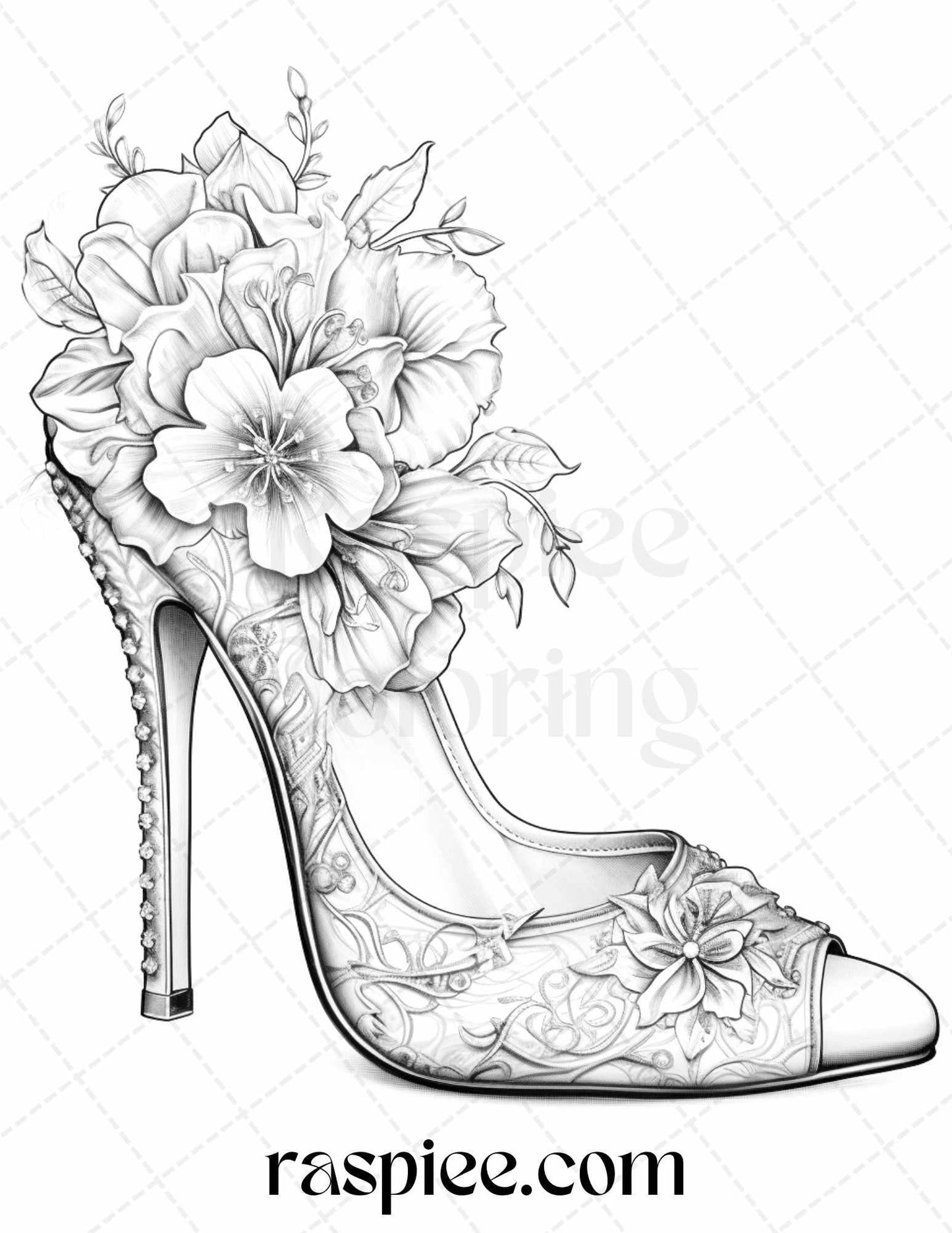 40 Flower Wedding Shoes Grayscale Coloring Pages Printable for Adults, PDF File Instant Download