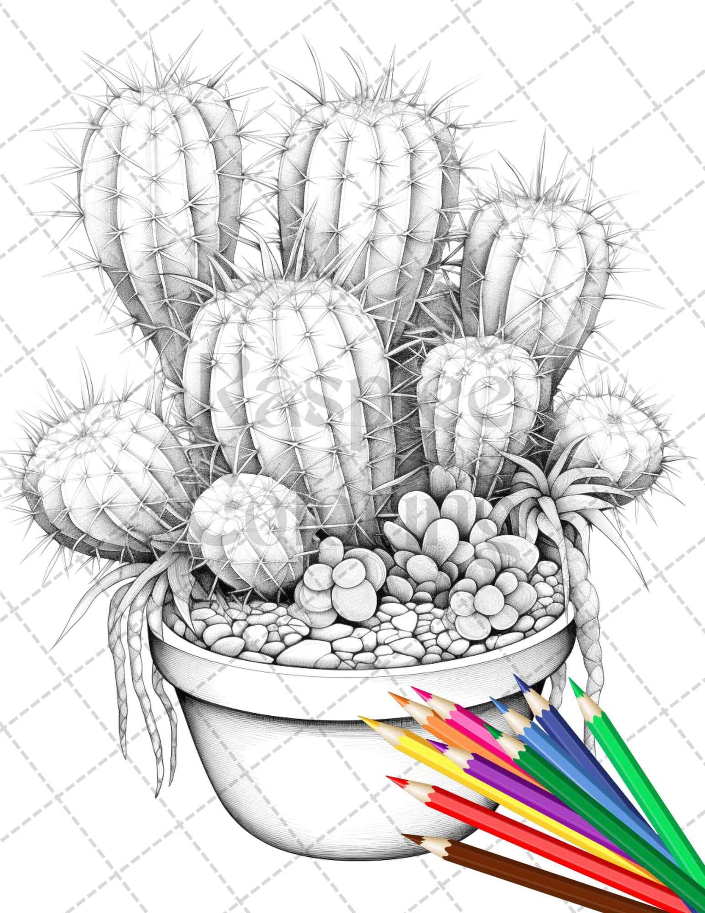 40 Charming Cactus Pots Grayscale Coloring Pages Printable for Adults, PDF File Instant Download