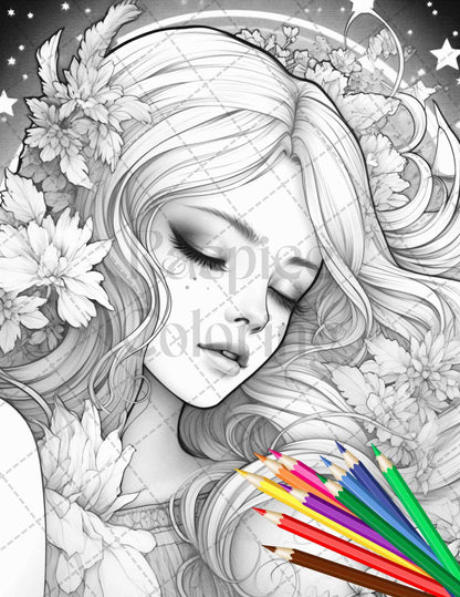 34 Beautiful Moon Fairies Grayscale Coloring Pages Printable for Adults, PDF File Instant Download