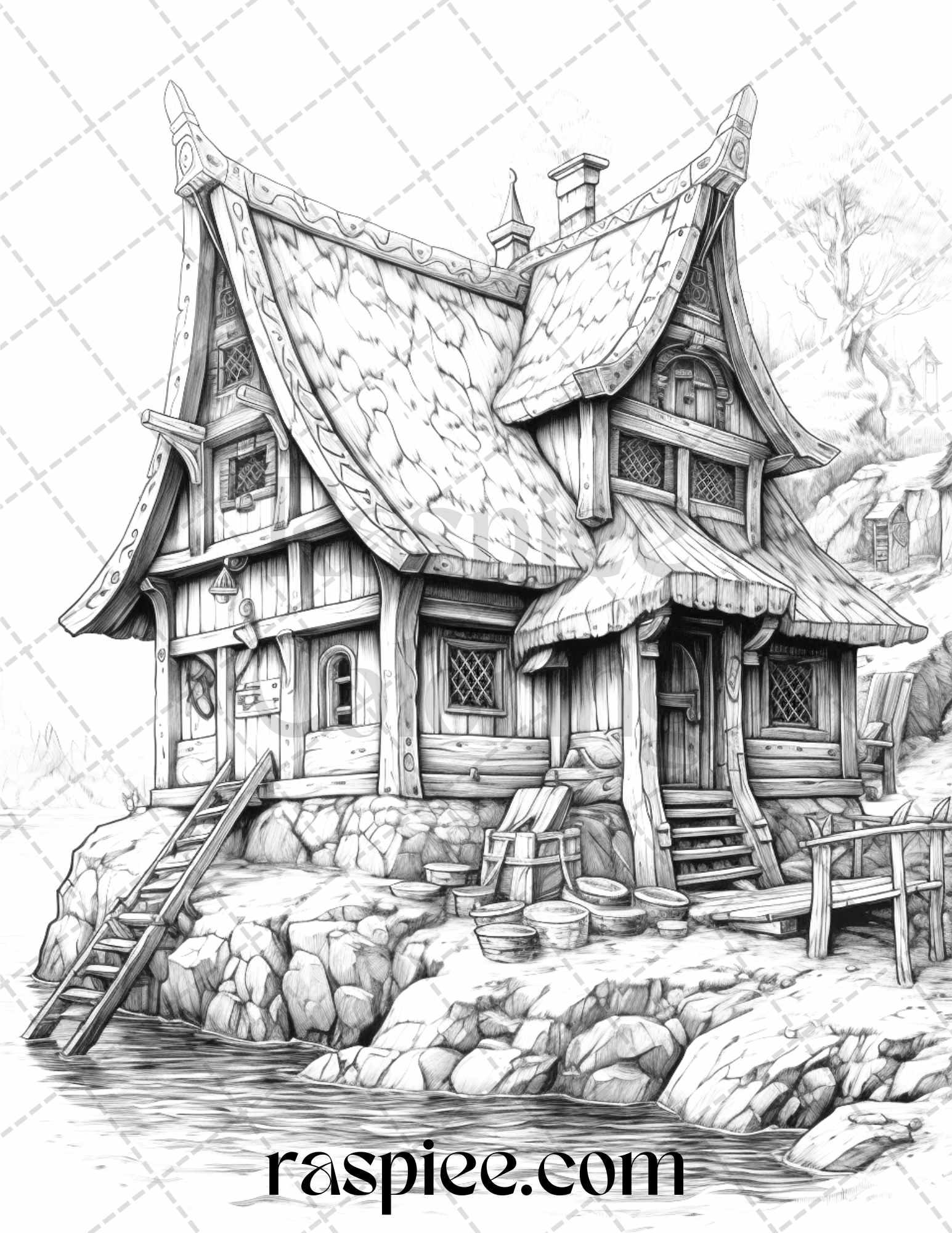 40 Viking Houses Grayscale Coloring Pages Printable for Adults, PDF File Instant Download