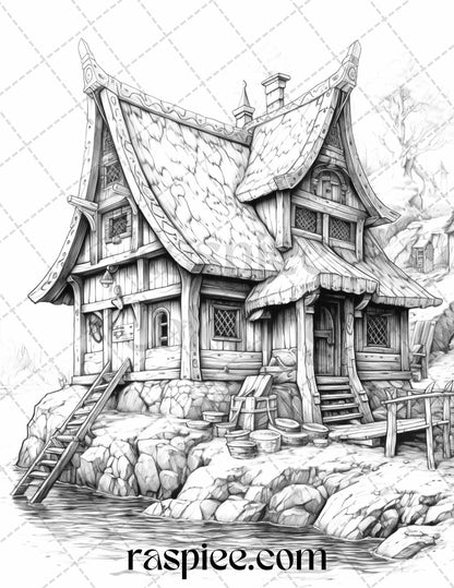 40 Viking Houses Grayscale Coloring Pages Printable for Adults, PDF File Instant Download