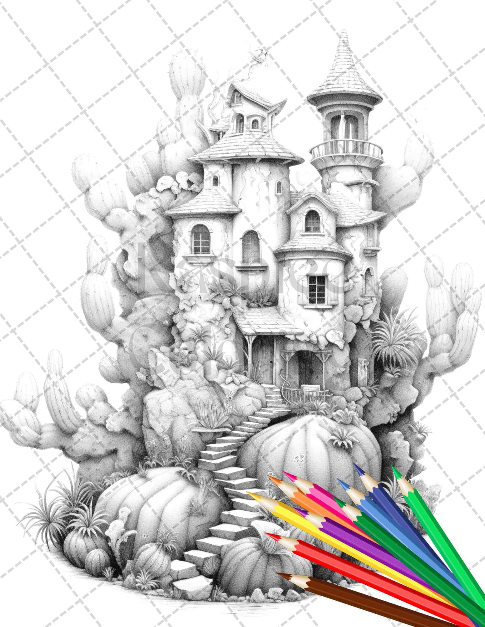 46 Fantasy Cactus Houses Grayscale Coloring Pages Printable for Adults, PDF File Instant Download