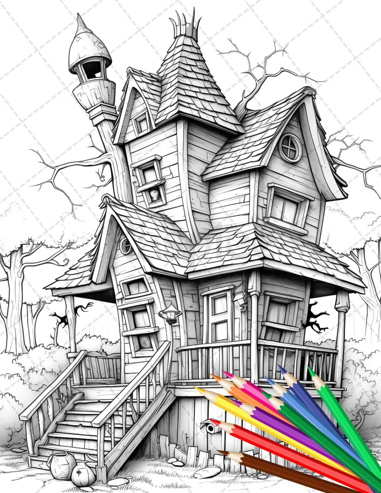 32 Spooky Houses Coloring Pages Printable for Adults, Grayscale Coloring Page, PDF File Instant Download