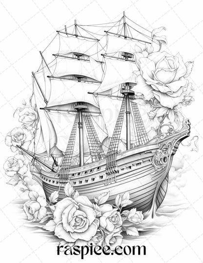 44 Flower Ships Graysale Coloring Pages Printable for Adults, PDF File Instant Download