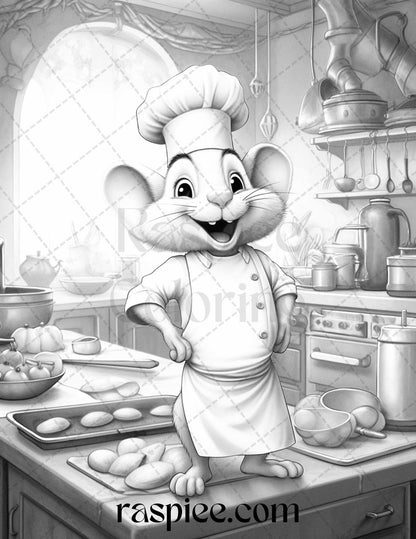 45 Mouse Chef Grayscale Coloring Pages Printable for Adults, PDF File Instant Download