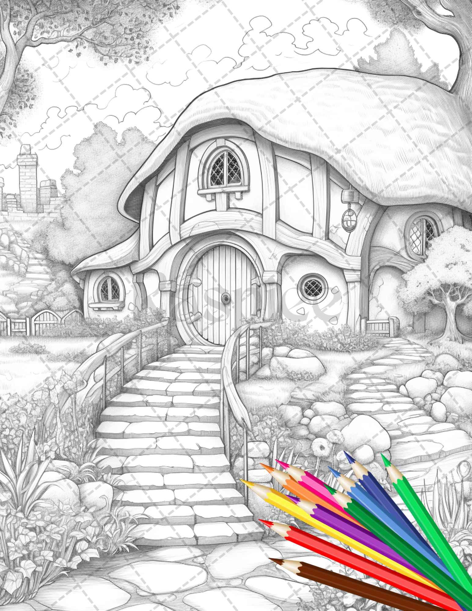 43 Enchanted Hobbiton Houses Grayscale Coloring Pages Printable for Adults, PDF File Instant Download