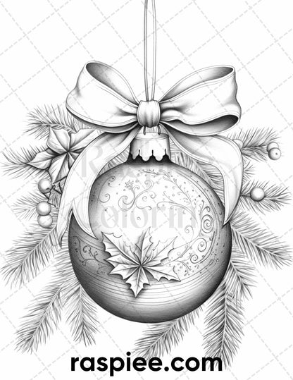 40 Christmas Balls Grayscale Coloring Pages Printable for Adults, PDF File Instant Download