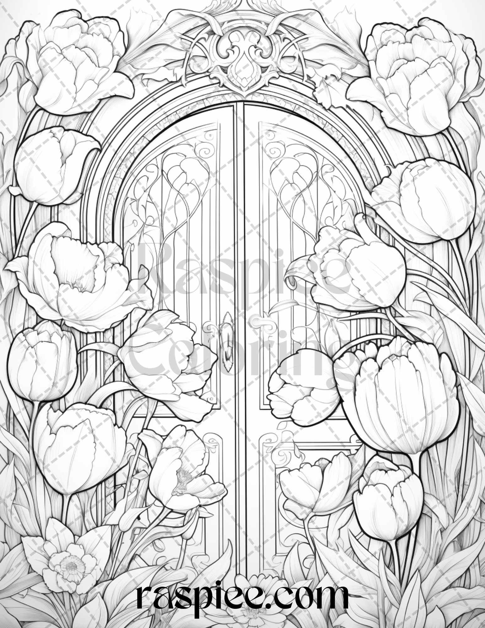 40 Flower Fairy Doors Grayscale Coloring Pages Printable for Adults, PDF File Instant Download