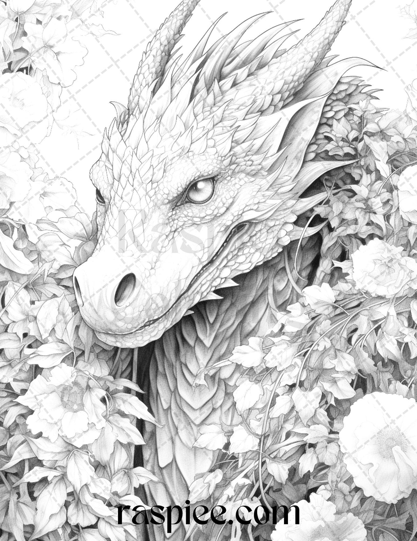 40 Flower Dragon Grayscale Coloring Pages Printable for Adults, PDF File Instant Download