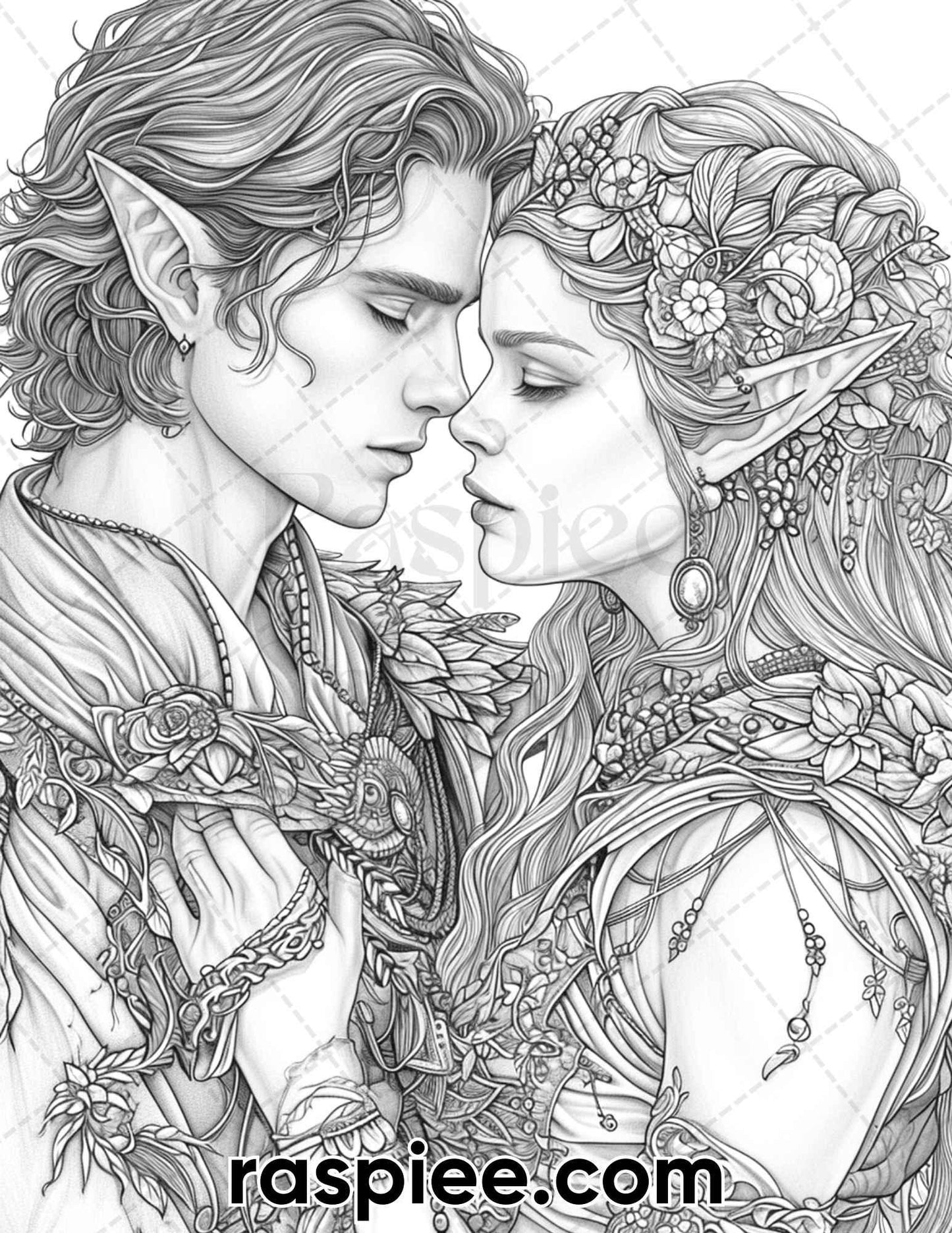 50 Romantic Elf Couple Portraits Adult Coloring Pages, Grayscale Illustration, Printable PDF Instant Download