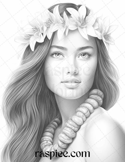 40 Hawaiian Girls Grayscale Coloring Pages Printable for Adults, PDF File Instant Download