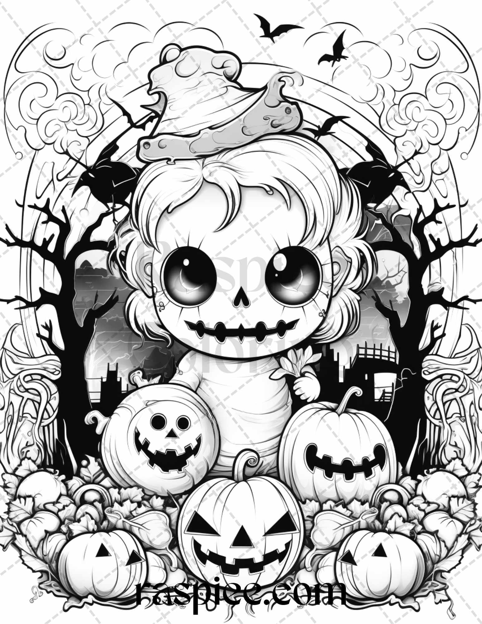 40 Halloween Creepy Kawaii Grayscale Coloring Pages for Adults and Kids, Printable PDF File Instant Download