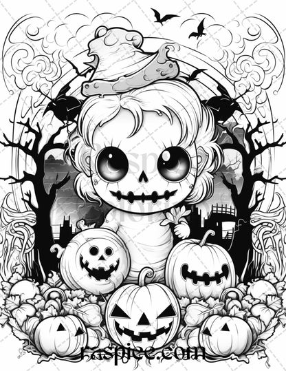 40 Halloween Creepy Kawaii Grayscale Coloring Pages for Adults and Kids, Printable PDF File Instant Download