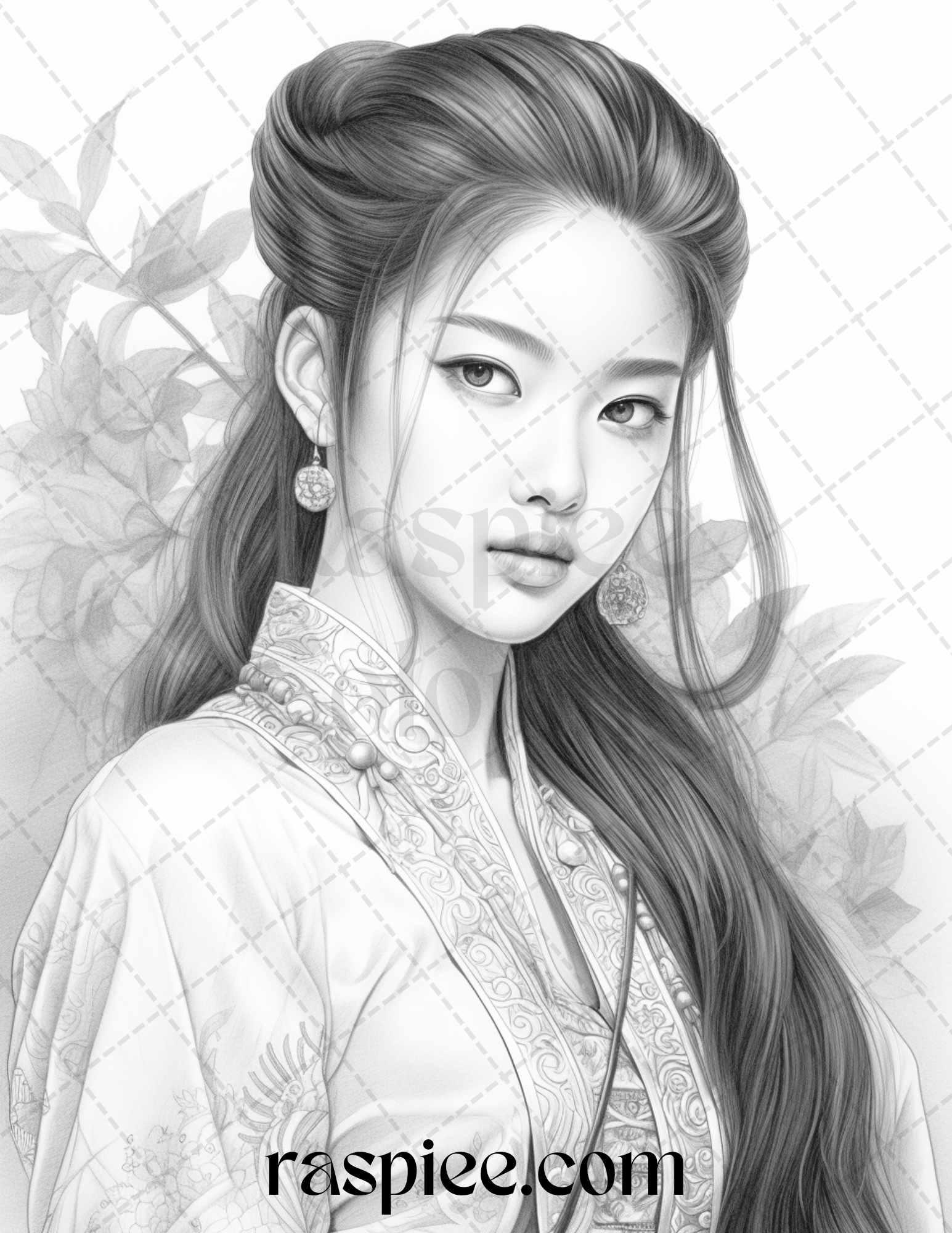 40 Beautiful Chinese Girls Grayscale Coloring Pages for Adults, Printable PDF File Instant Download