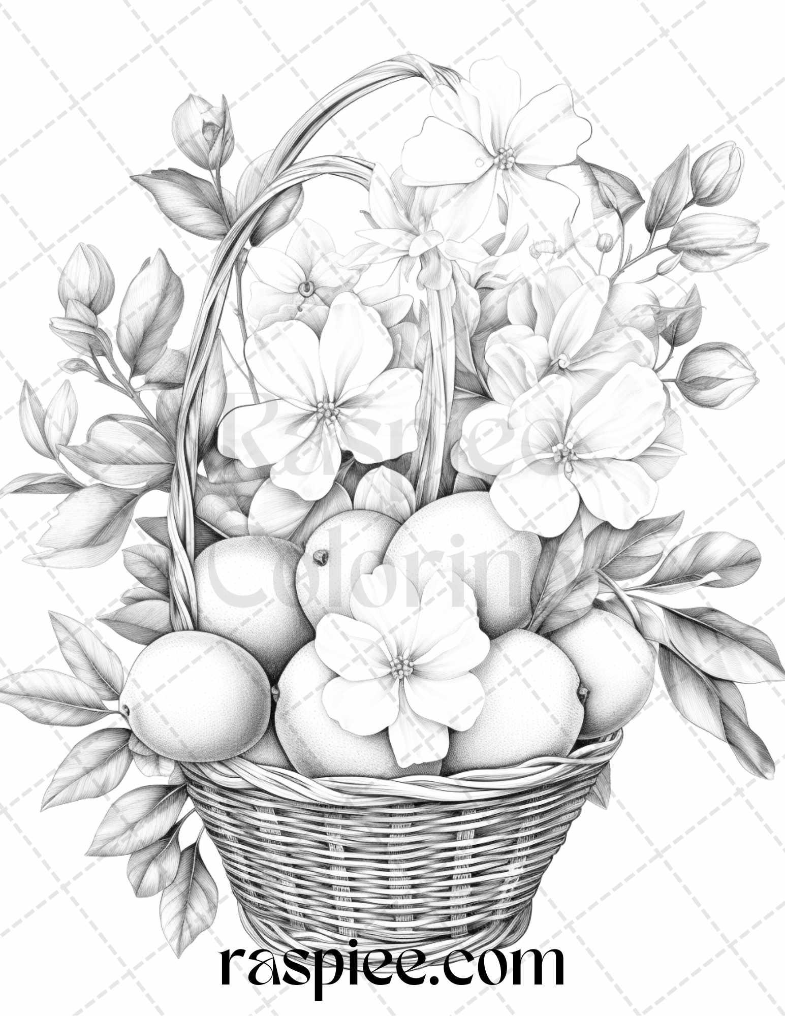 40 Fruit Basket Grayscale Coloring Pages Printable for Adults, PDF File Instant Download