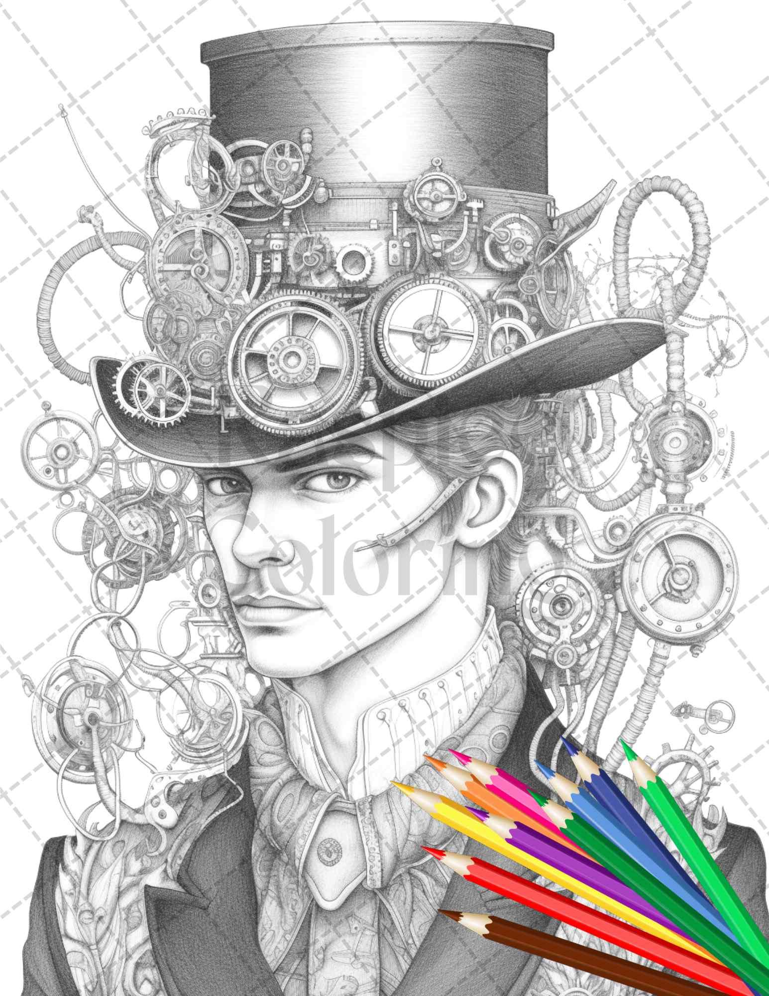 42 Steampunk Mens Grayscale Coloring Pages Printable for Adults, PDF File Instant Download