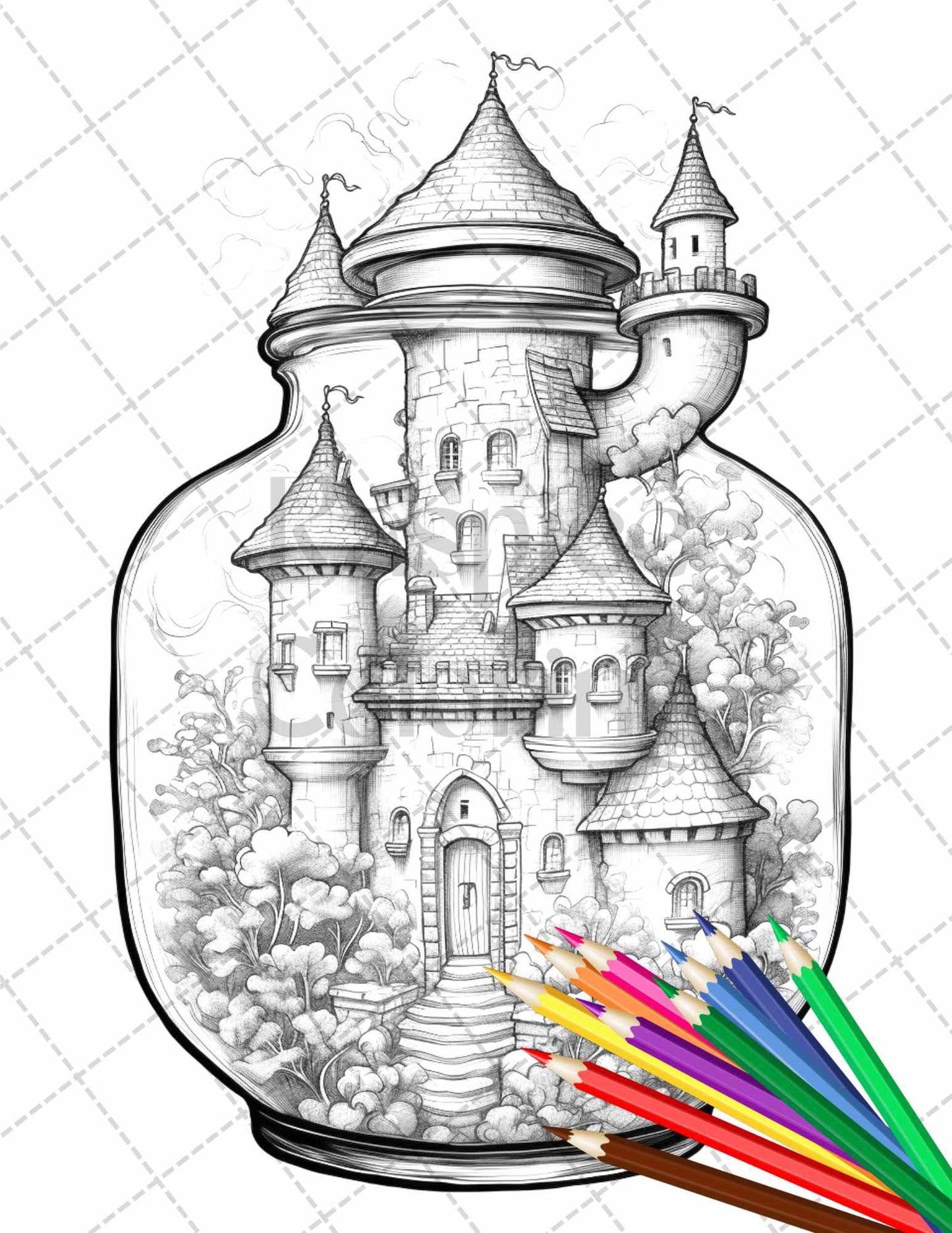 42 Fantasy Castle In Jar Grayscale Coloring Pages Printable for Adults, PDF File Instant Download