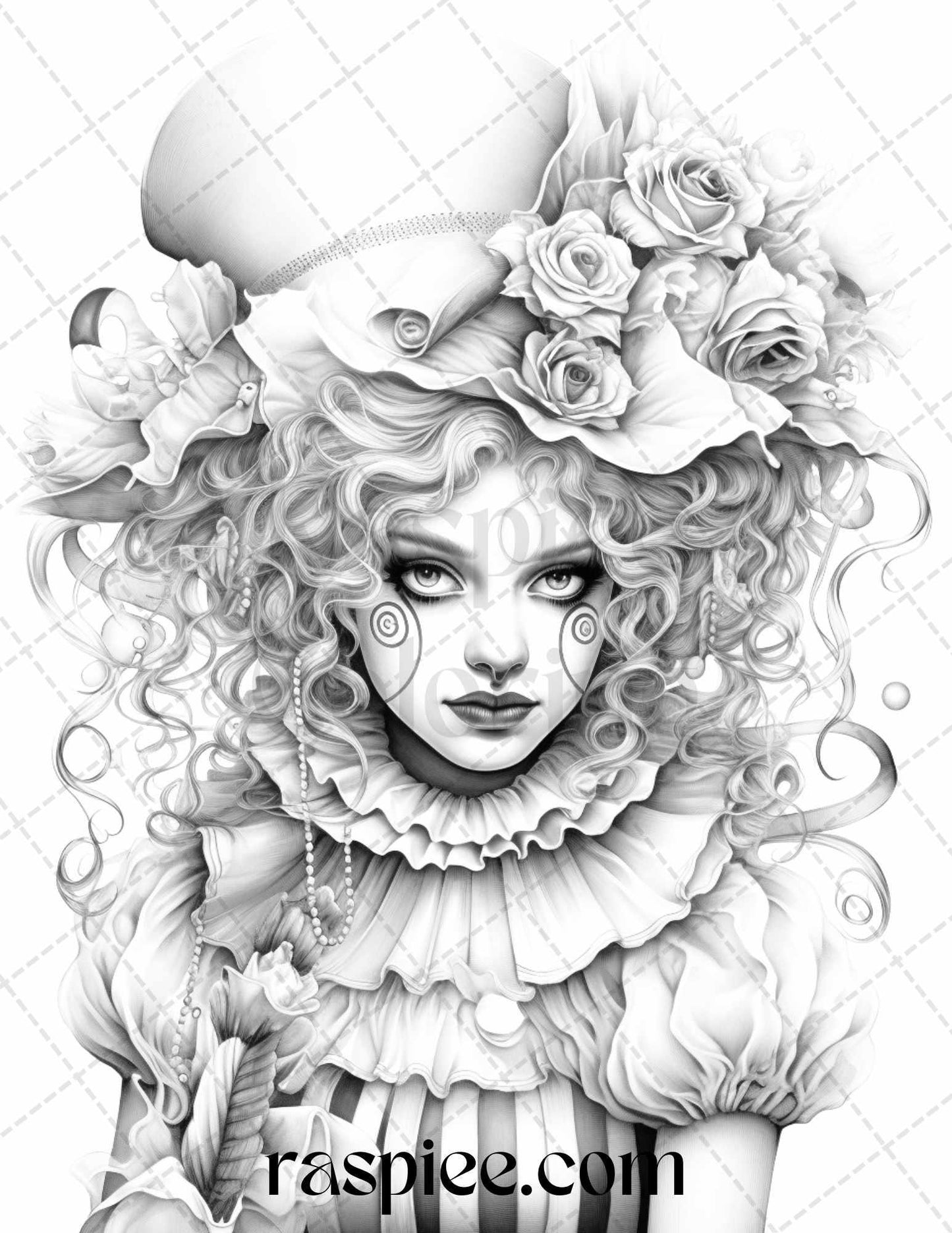 42 Beautiful Clown Girls Grayscale Coloring Pages Printable for Adults, PDF File Instant Download