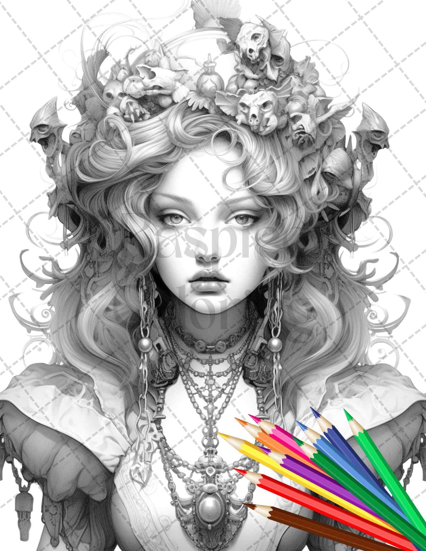 40 Beautiful Gothic Girls Grayscale Coloring Pages Printable for Adults, PDF File Instant Download