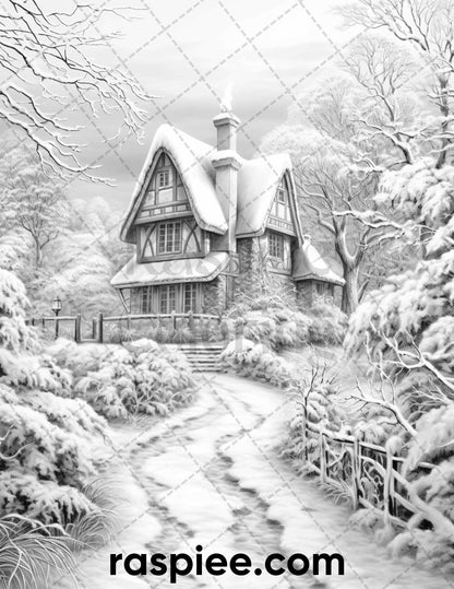 40 Fantasy Winter Village Grayscale Coloring Pages for Adults, PDF File Instant Download