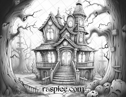 40 Halloween Landscapes Grayscale Coloring Pages Printable for Adults, PDF File Instant Download