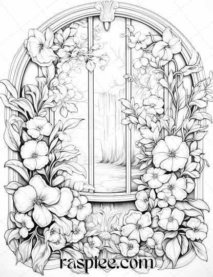 50 Blooming Windows Grayscale Coloring Pages Printable for Adults, PDF File Instant Download