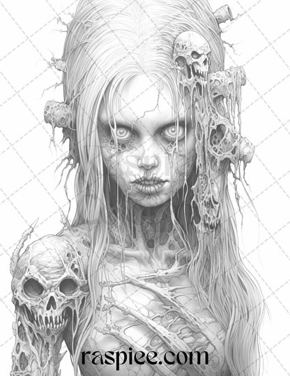 40 Scary Zombie Girls Grayscale Coloring Pages Printable for Adults, PDF File Instant Download