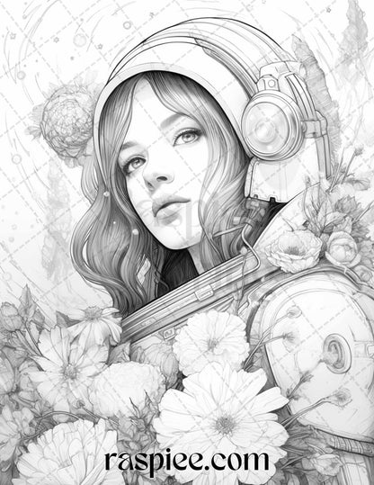 50 Astronaut Girl Portrait Grayscale Coloring Pages Printable for Adults, PDF File Instant Download