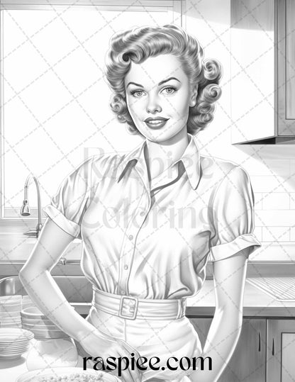 40 Retro Housewives Grayscale Coloring Pages for Adults, Printable PDF File Instant Download