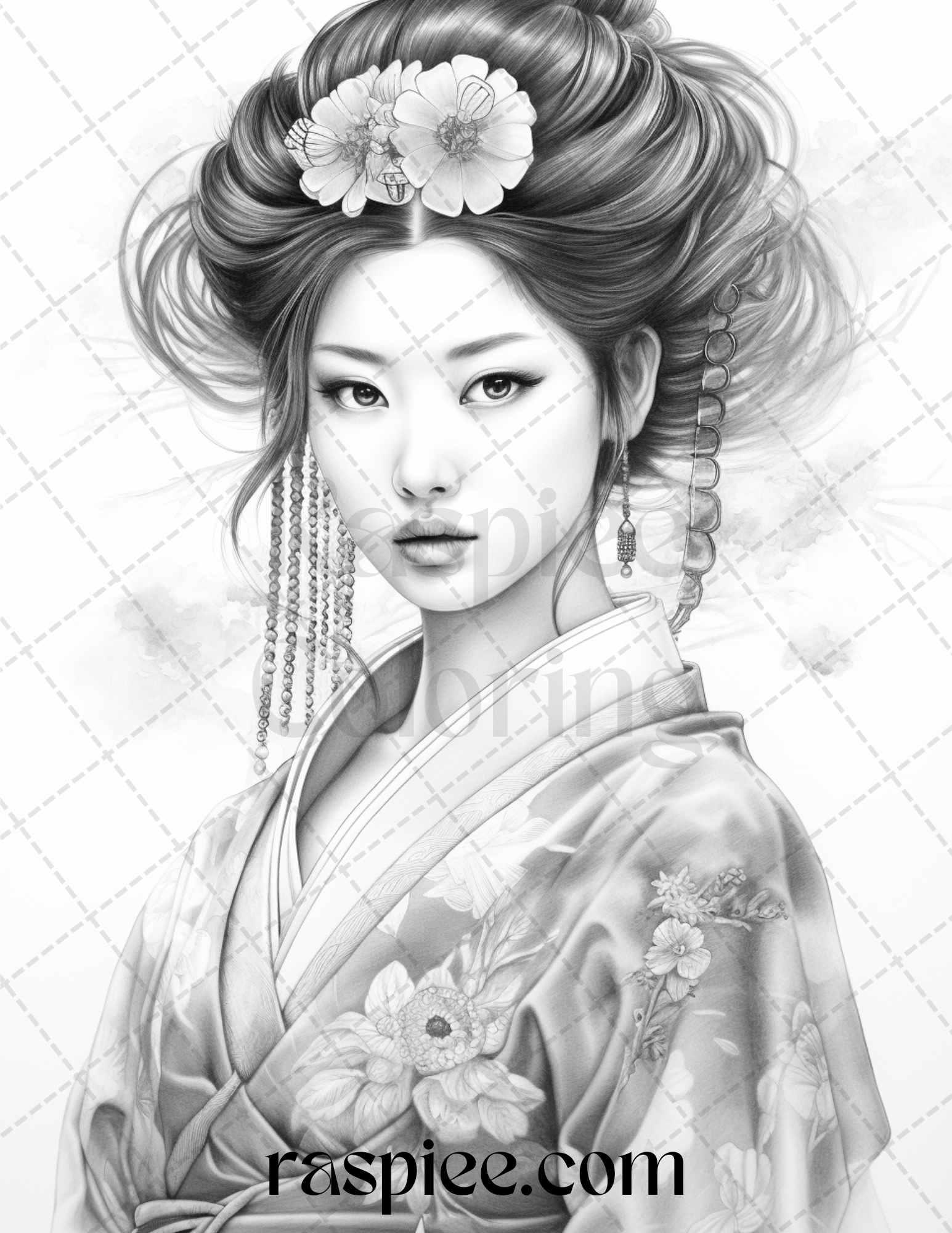 40 Beautiful Japanese Girls Grayscale Coloring Pages Printable for Adults, PDF File Instant Download