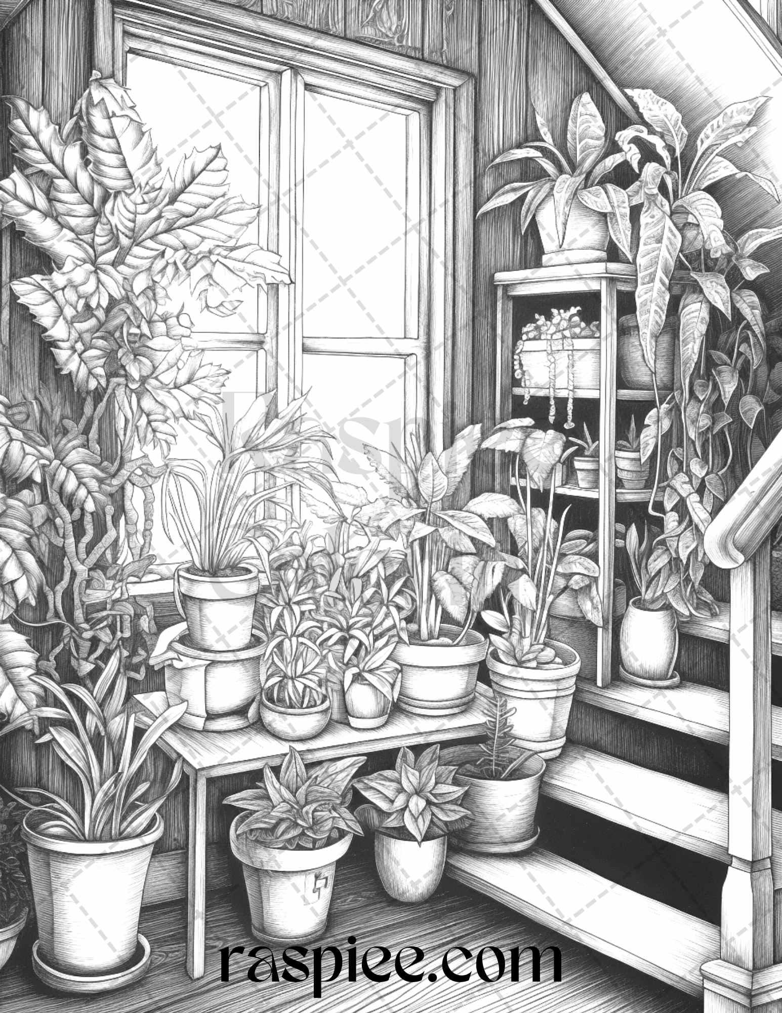 40 Window Plants Grayscale Coloring Pages Printable for Adults, PDF File Instant Download