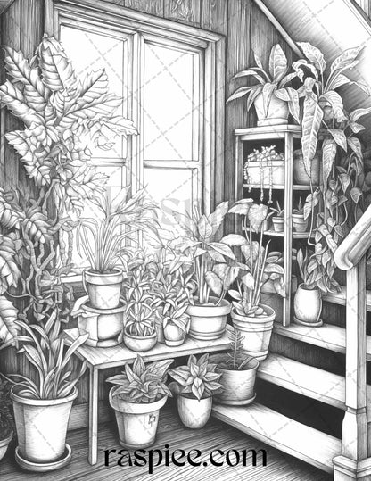 40 Window Plants Grayscale Coloring Pages Printable for Adults, PDF File Instant Download