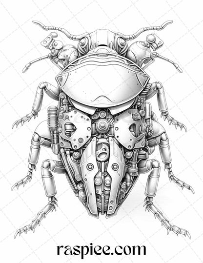 42 Steampunk Bugs Grayscale Coloring Pages Printable for Adults, PDF File Instant Download