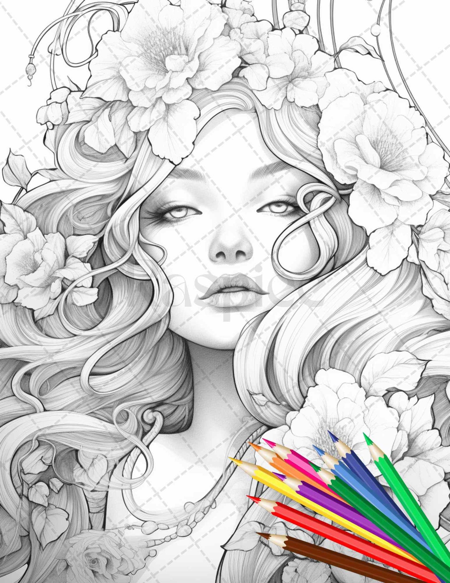 38 Flower Goddess Coloring Pages Printable for Adults, Grayscale Coloring Page, PDF File Instant Download