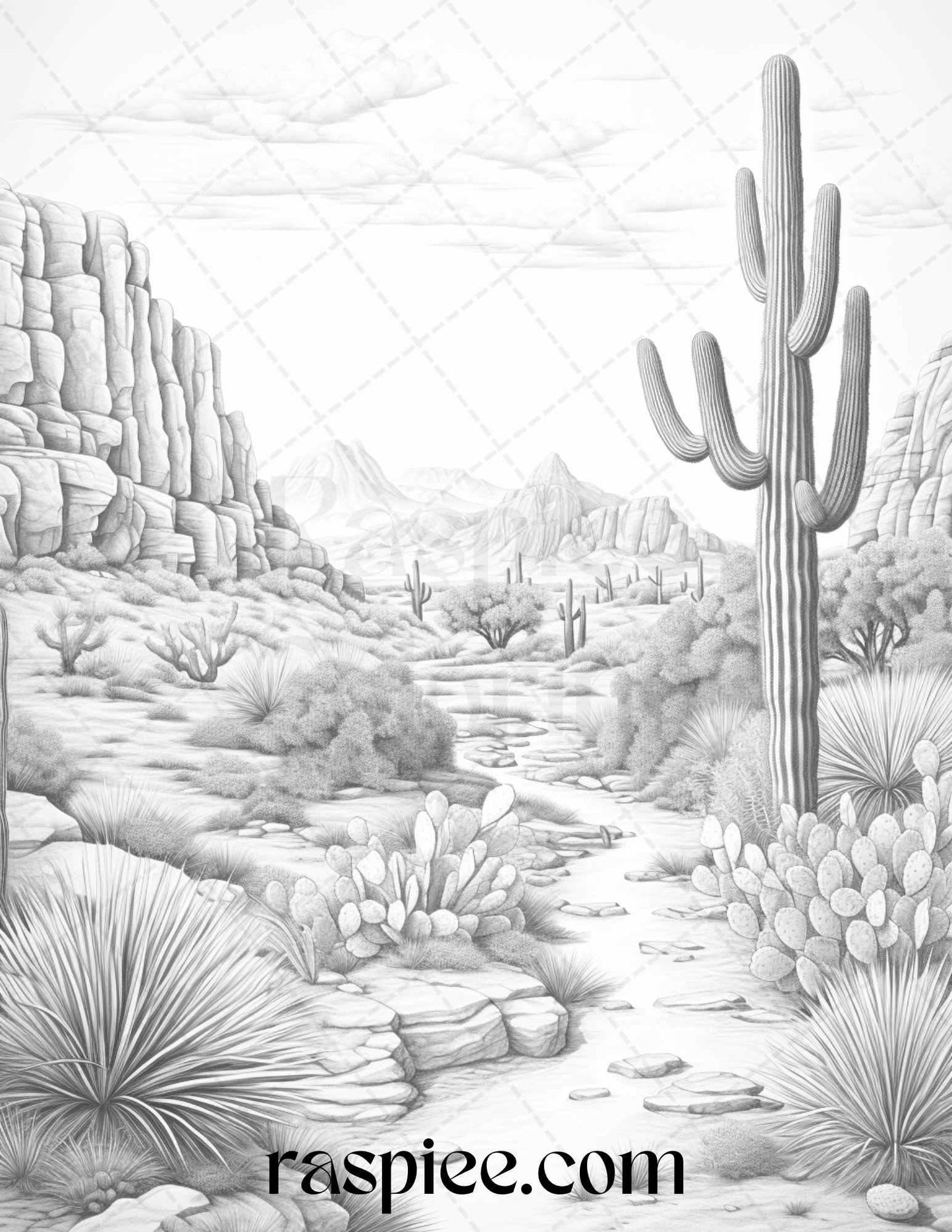 40 Desert Landscapes Grayscale Coloring Pages Printable for Adults, PDF File Instant Download