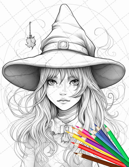 40 Cute Witches Coloring Pages Printable for Adults, Grayscale Coloring Page, PDF File Instant Download