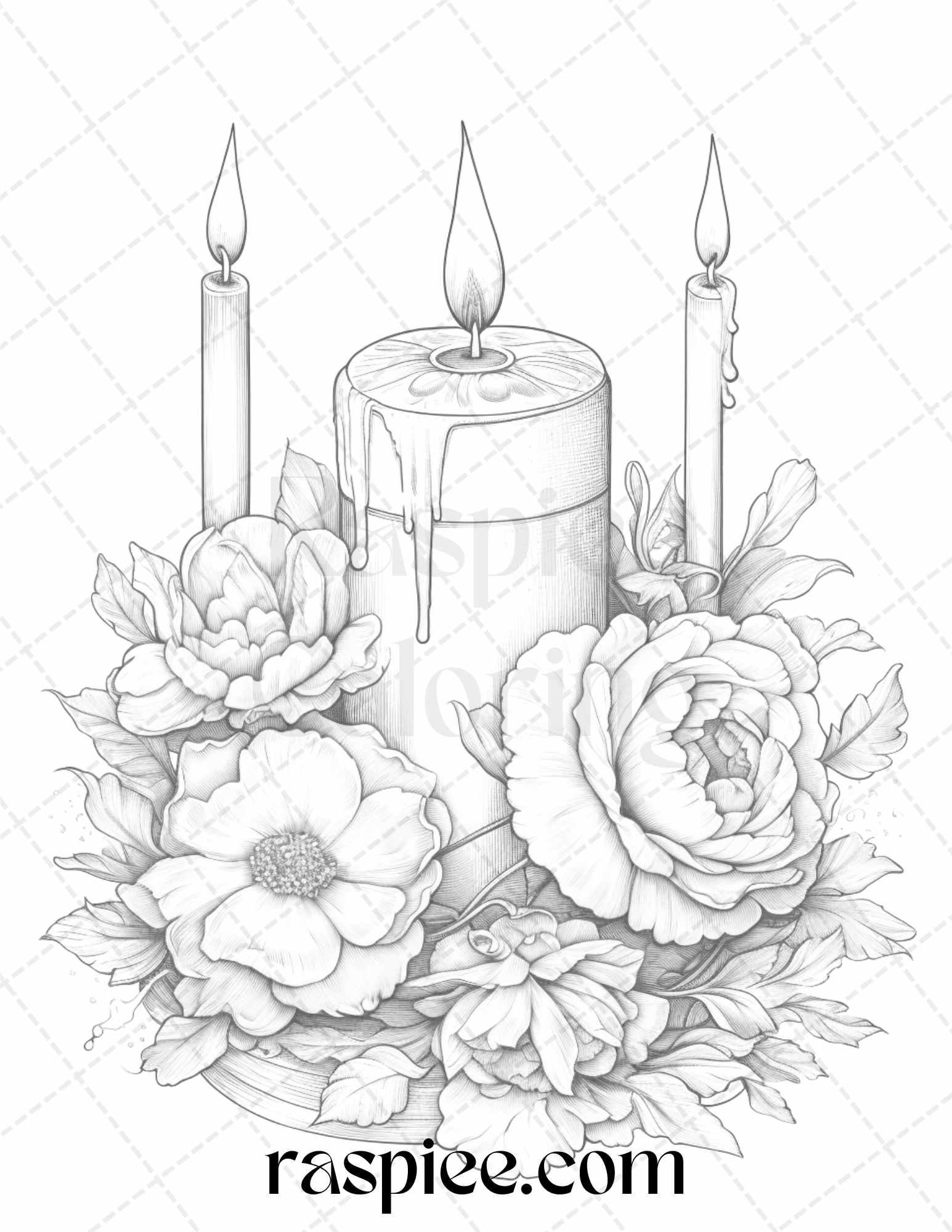 40 Flower Candles Grayscale Coloring Pages Printable for Adults, PDF File Instant Download