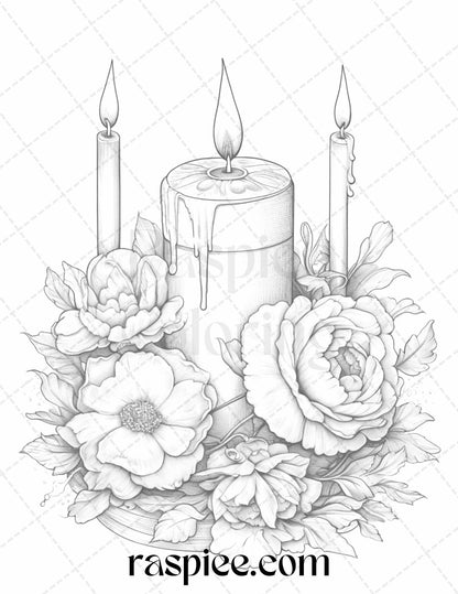 40 Flower Candles Grayscale Coloring Pages Printable for Adults, PDF File Instant Download