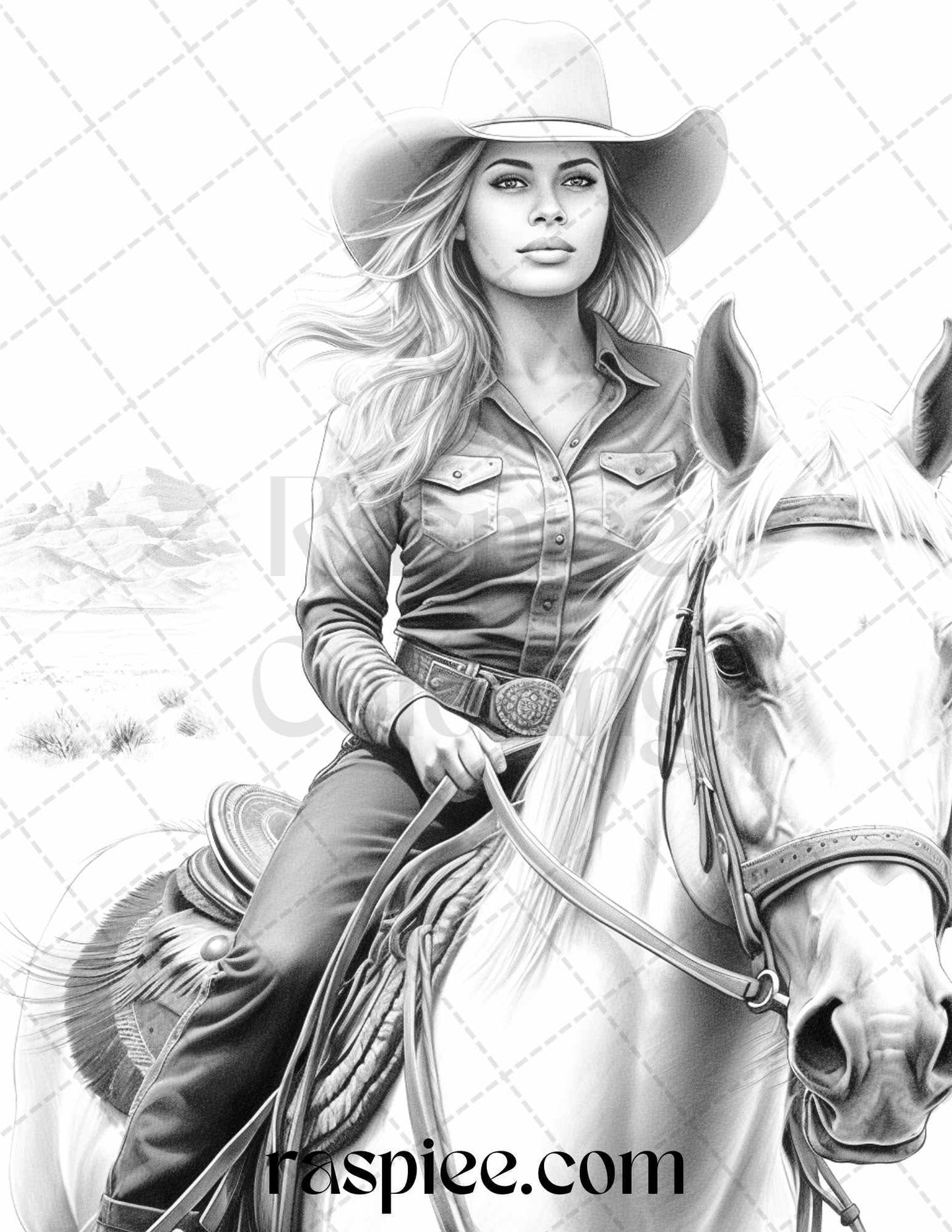 40 Beautiful Cowgirls Grayscale Coloring Pages Printable for Adults, PDF File Instant Download