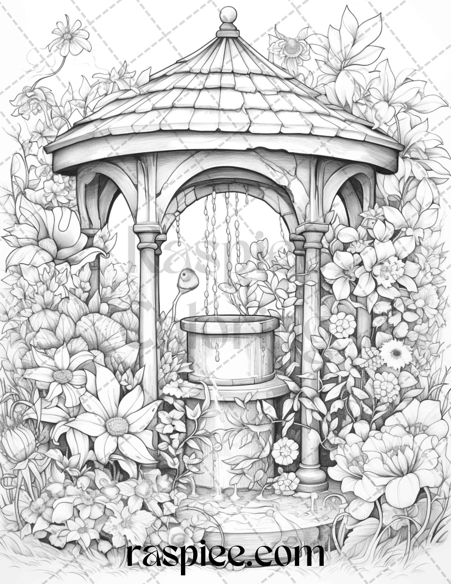 40 Whimsical Wishing Wells Grayscale Coloring Pages Printable for Adults, PDF File Instant Download