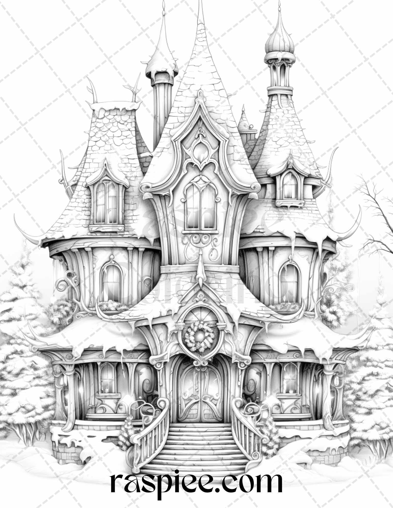 42 Fantasy Christmas Houses Grayscale Coloring Pages Printable for Adults, PDF File Instant Download