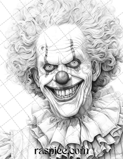 40 Spooky Clowns Grayscale Coloring Pages Printable for Adults, PDF File Instant Download