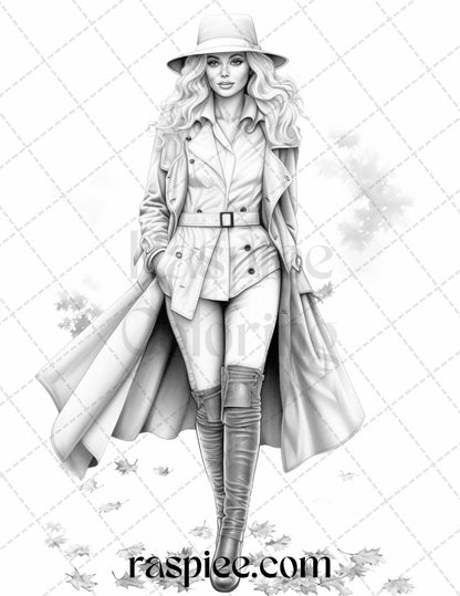 40 Fall Fashion Grayscale Coloring Pages for Adults, Printable PDF File Instant Download