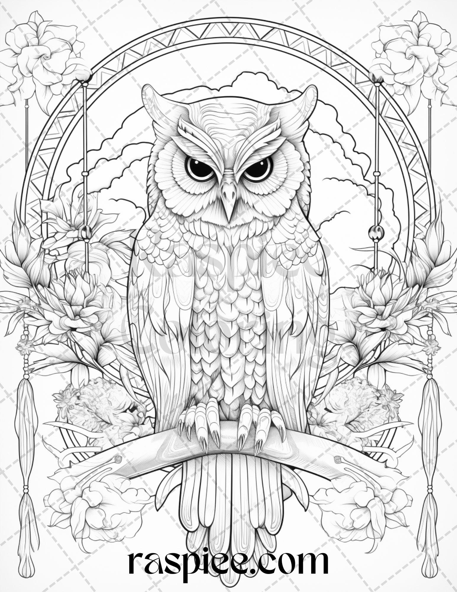 40 Floral Owl Grayscale Printable Coloring Pages for Adults, PDF File Instant Download