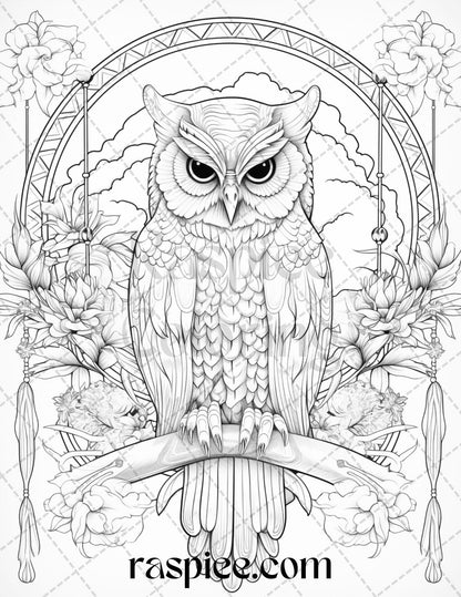 40 Floral Owl Grayscale Printable Coloring Pages for Adults, PDF File Instant Download